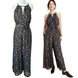Anthropologie EVA FRANCO Edita Black Metallic Cip Dot Wide Leg Halter Jumpsuit 4